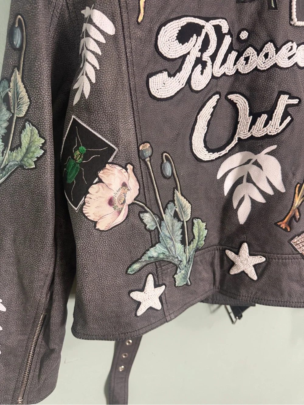 Free People Denim & Bone Patchwork Moto Jacket Gray Leather Small